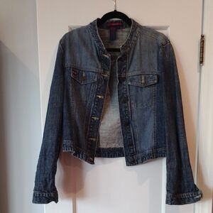 BCBGMaxAzria Distressed Medium Wash Denim Jacket. EUC. Size L.